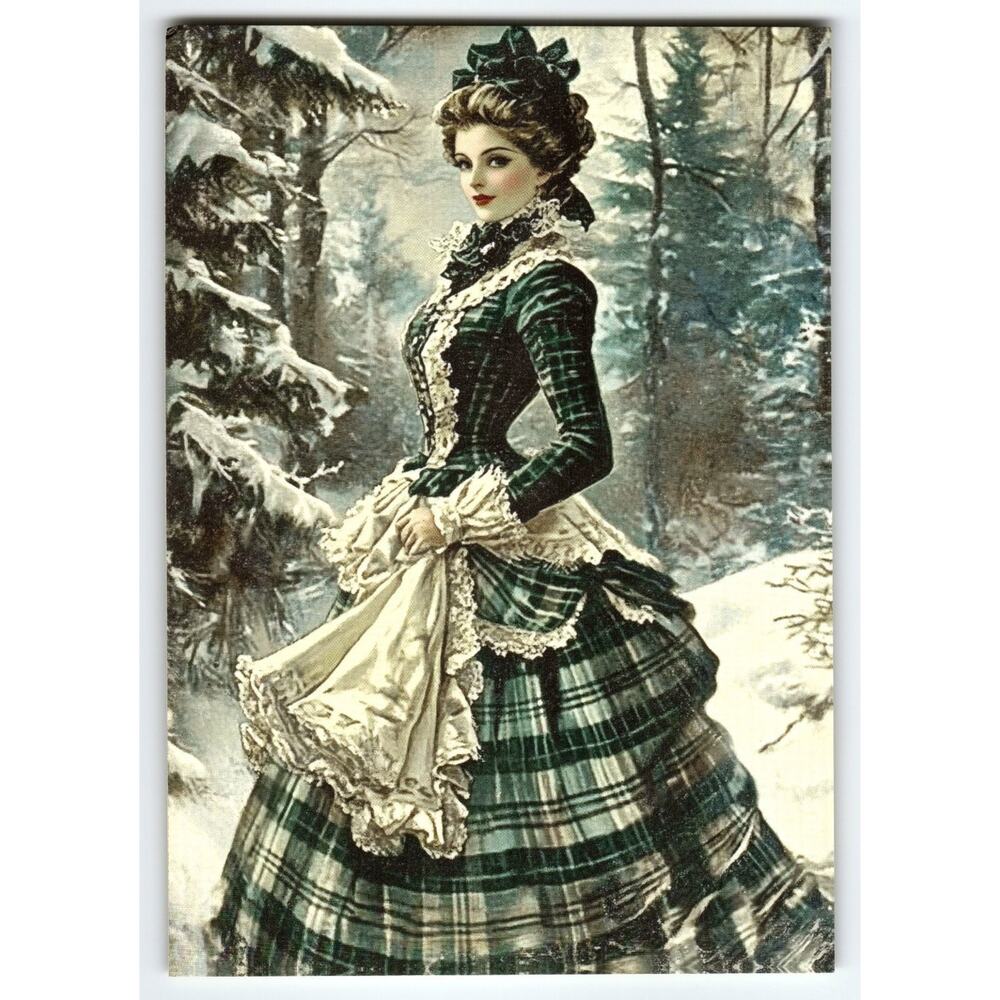 Vintage Victorian Lady Christmas Lithograph Postcard 5.5x4"